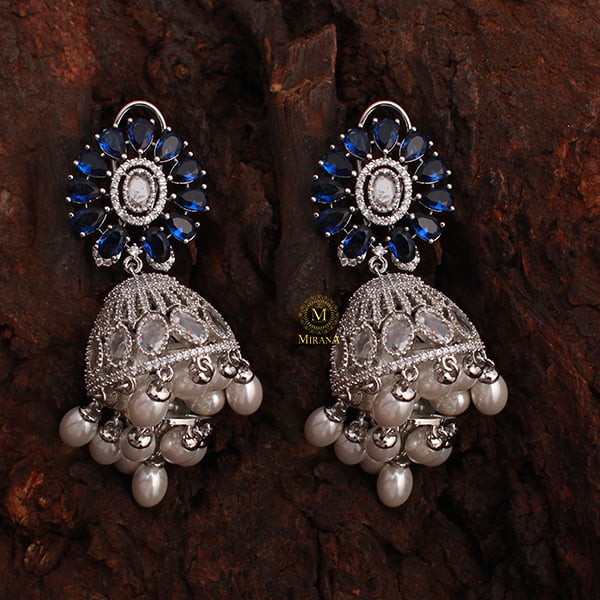 Jazzy Sapphire Blue Pearl CZ Jhumkas