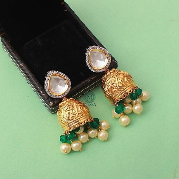 Anvika Green Pearl Polki Jhumkas
