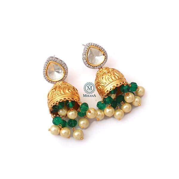 Anvika Green Pearl Polki Jhumkas