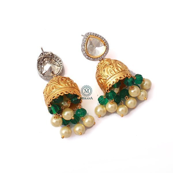 Anvika Green Pearl Polki Jhumkas