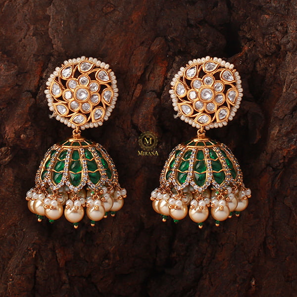 Adya Emerald Green Pearl Polki Jhumkas