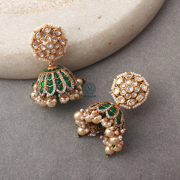 Adya Emerald Green Pearl Polki Jhumkas