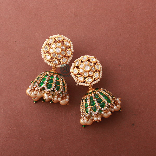 Adya Emerald Green Pearl Polki Jhumkas