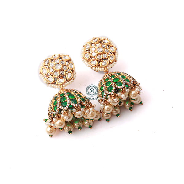 Adya Emerald Green Pearl Polki Jhumkas