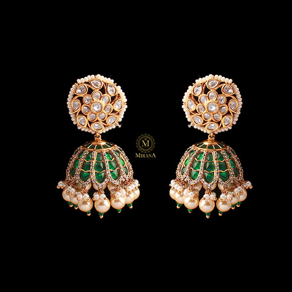 Adya Emerald Green Pearl Polki Jhumkas