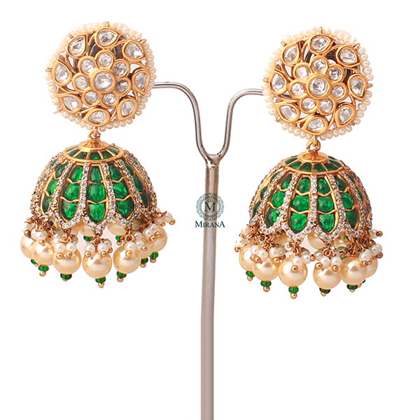 Adya Emerald Green Pearl Polki Jhumkas