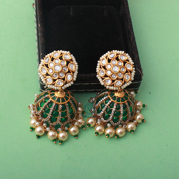 Adya Emerald Green Pearl Polki Jhumkas