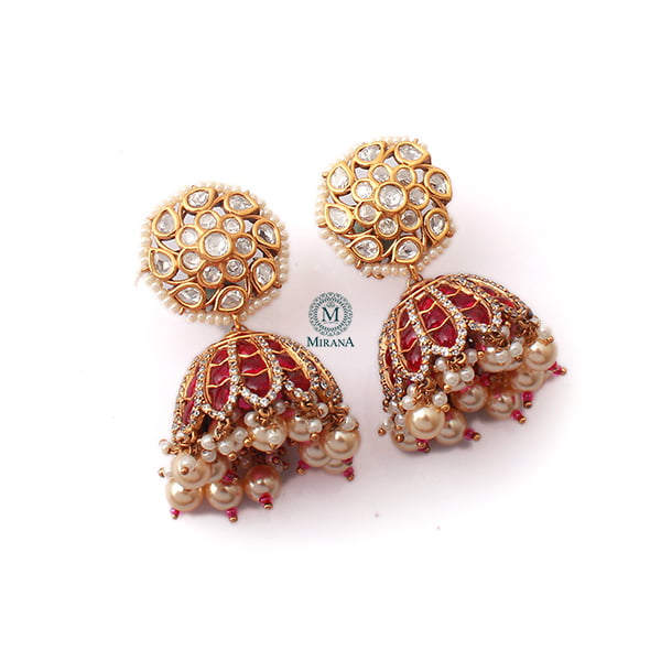 Adya Ruby Pearl Polki Designer Jhumkas