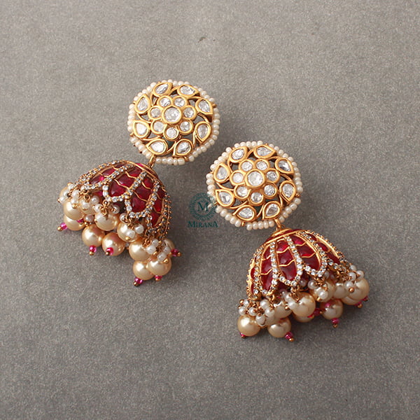 Adya Ruby Pearl Polki Designer Jhumkas