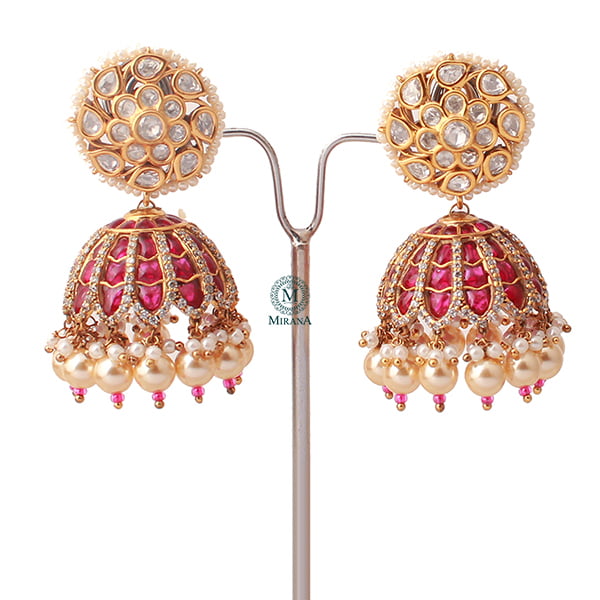 Adya Ruby Pearl Polki Designer Jhumkas