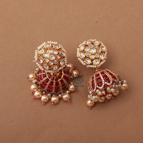 Adya Ruby Pearl Polki Designer Jhumkas