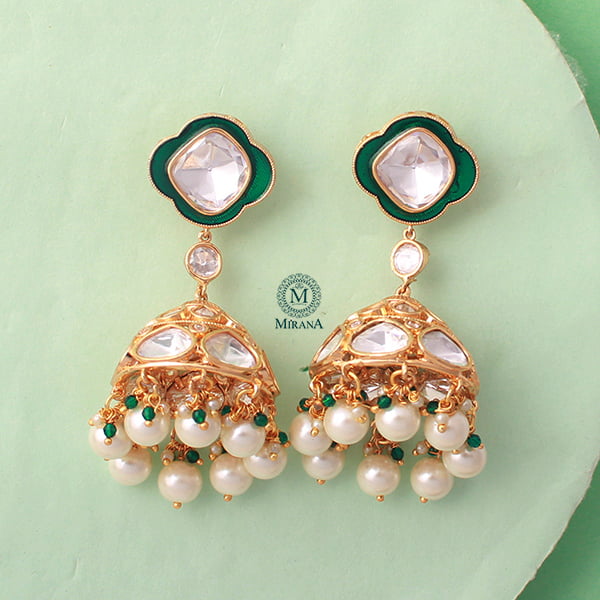 Kaarvi Emerald Green Pearl Polki Jhumkas