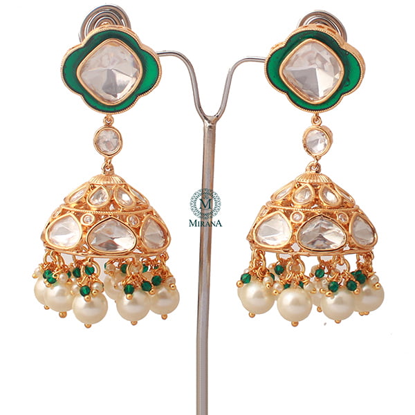 Kaarvi Emerald Green Pearl Polki Jhumkas