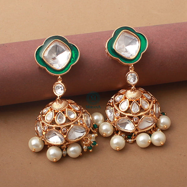 Kaarvi Emerald Green Pearl Polki Jhumkas