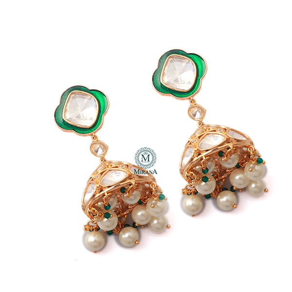 Kaarvi Emerald Green Pearl Polki Jhumkas