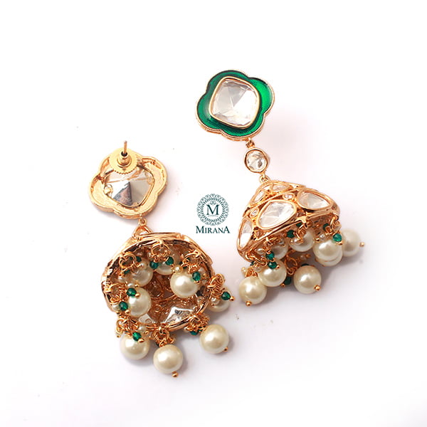 Kaarvi Emerald Green Pearl Polki Jhumkas