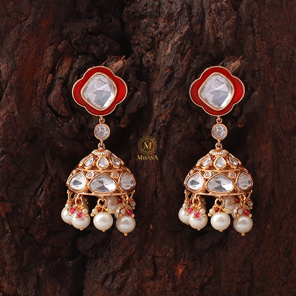 Kaarvi Red Pearl Polki Designer Jhumkas