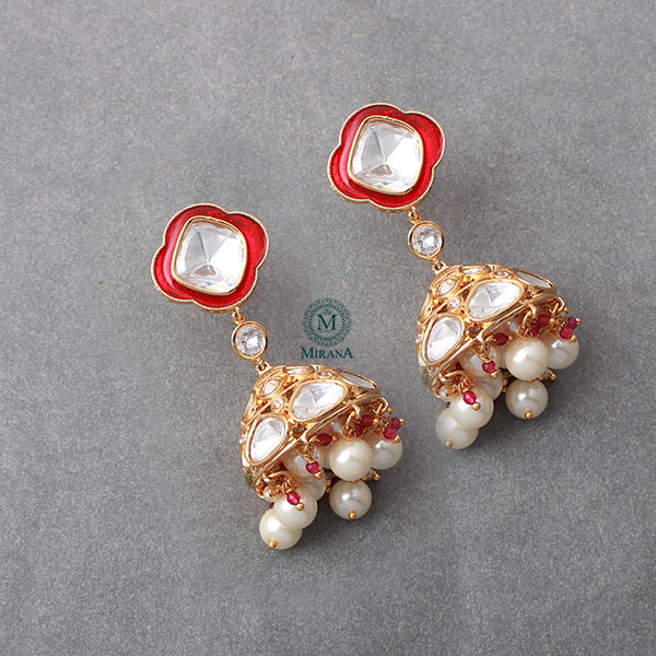 Kaarvi Red Pearl Polki Designer Jhumkas