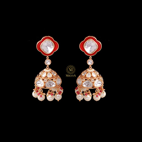 Kaarvi Red Pearl Polki Designer Jhumkas