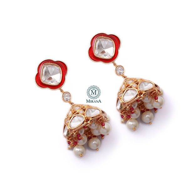 Kaarvi Red Pearl Polki Designer Jhumkas