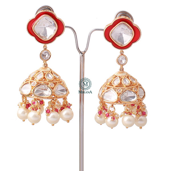 Kaarvi Red Pearl Polki Designer Jhumkas