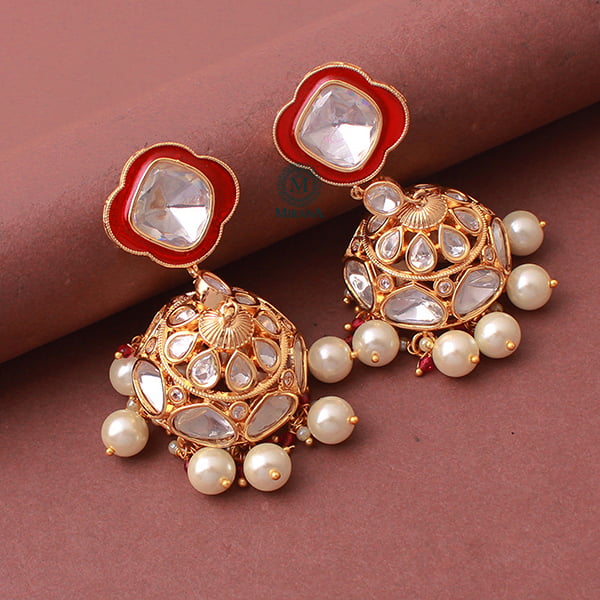 Kaarvi Red Pearl Polki Designer Jhumkas