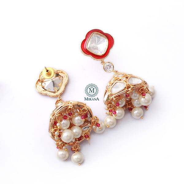 Kaarvi Red Pearl Polki Designer Jhumkas