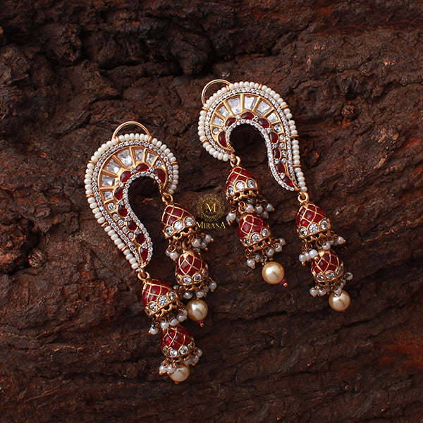 Rikita Ruby Pearl Polki Designer Earrings