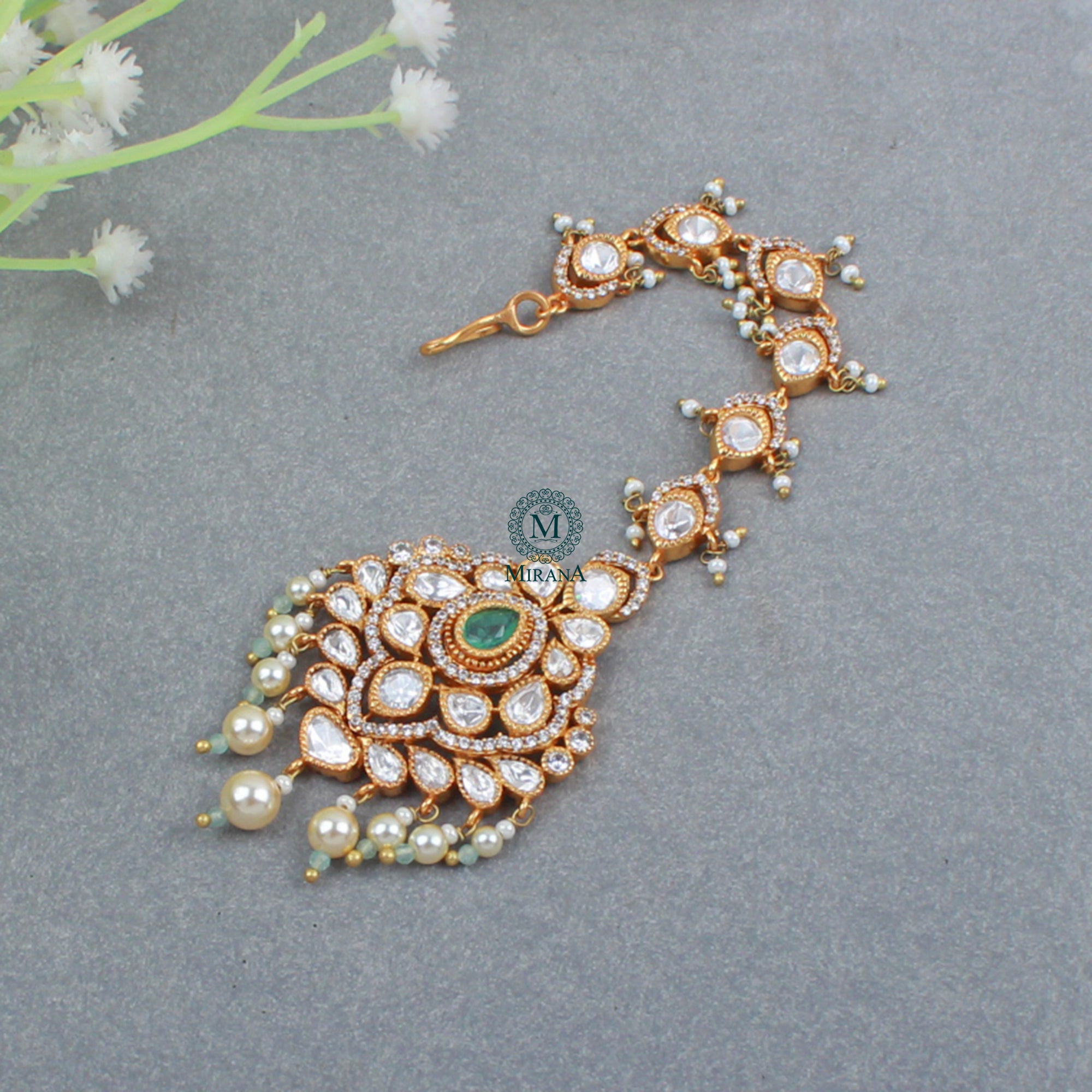 Ishanya Mint Green Polki Designer Maangtika