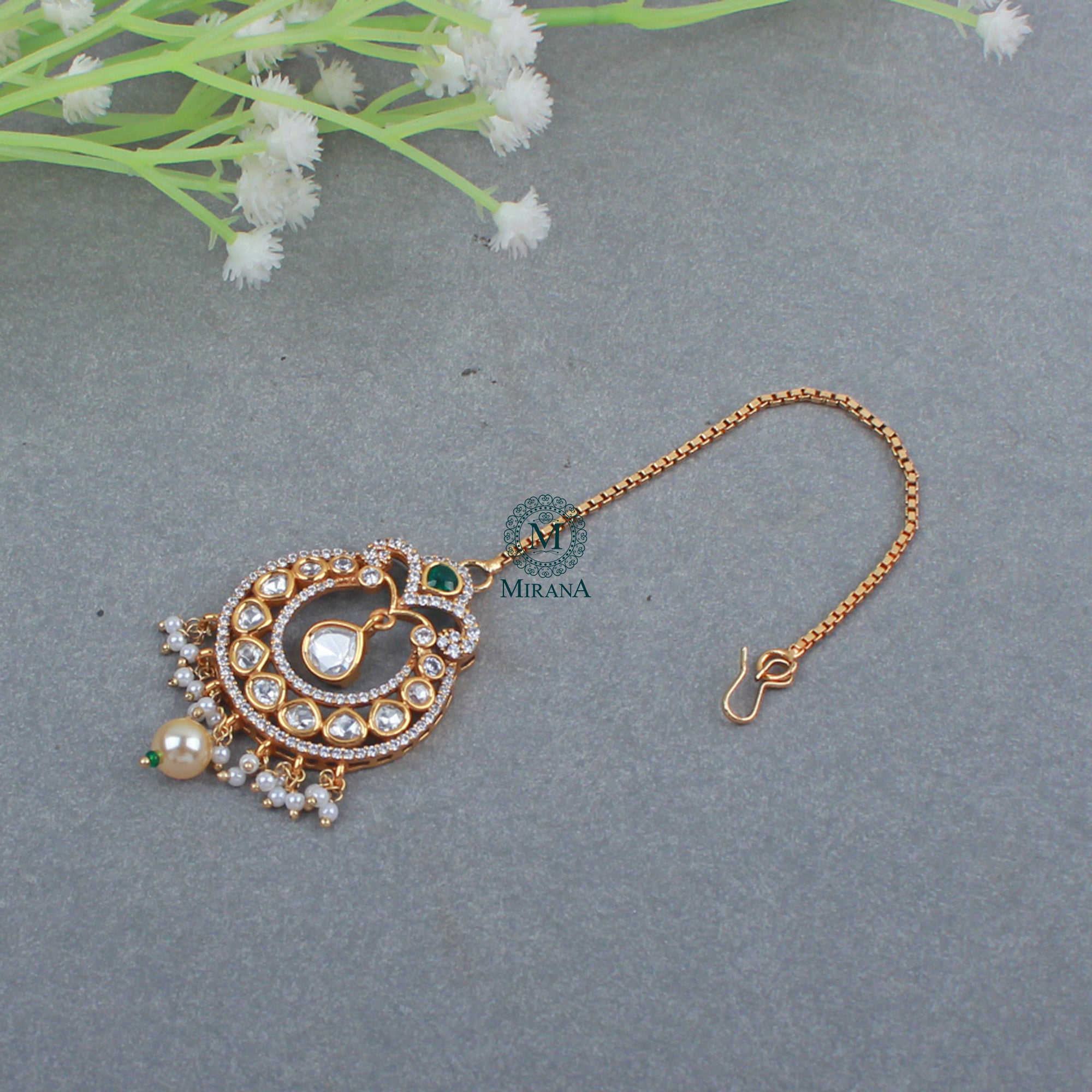 Fida Emerald Green Polki Designer Maangtika