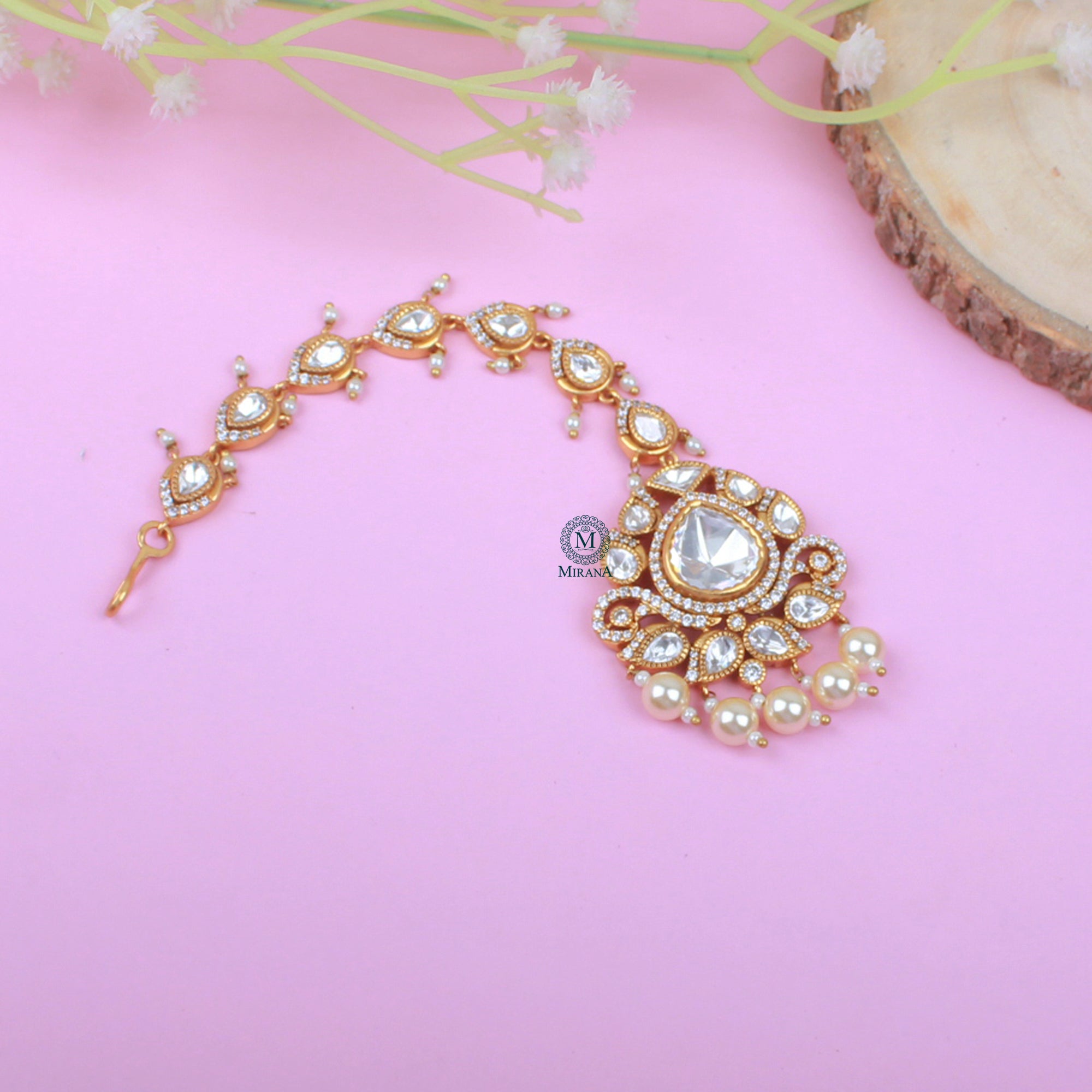 Leela Pearl Polki Designer Tika