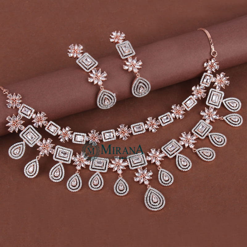 CZ Double Layered Drop Necklace Set