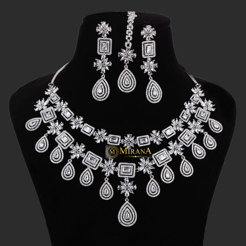 CZ Double Layered Drop Necklace Set