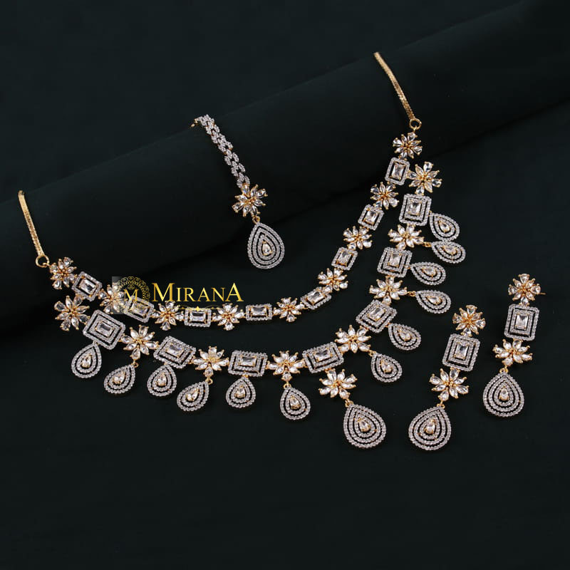 CZ Double Layered Drop Necklace Set