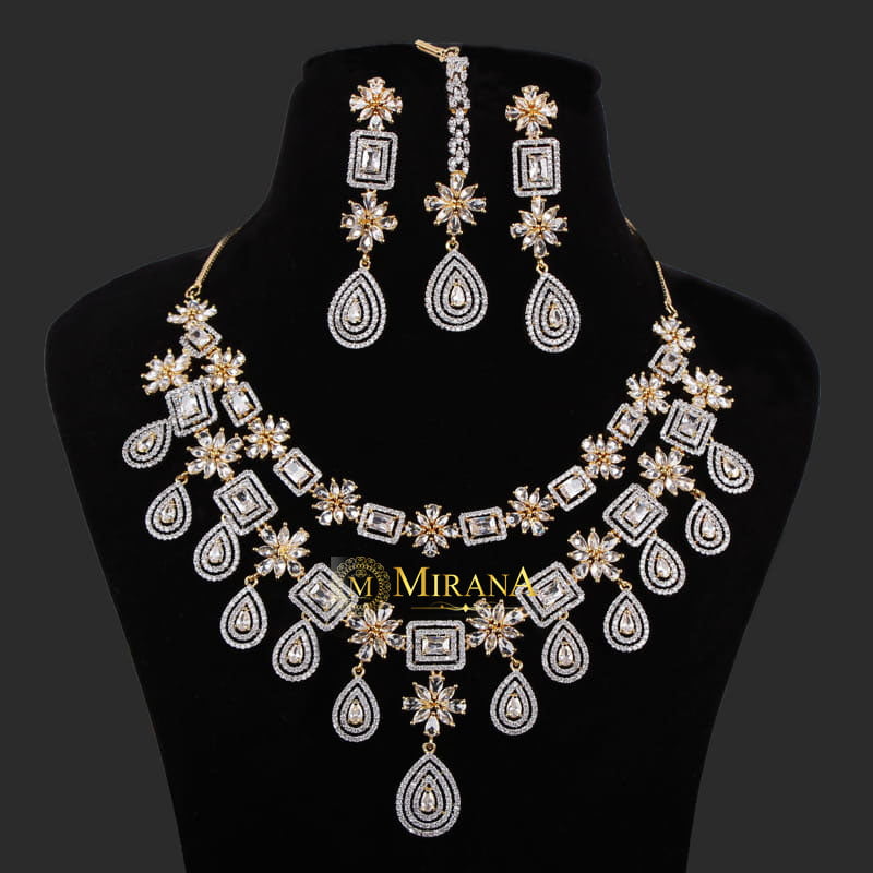 CZ Double Layered Drop Necklace Set