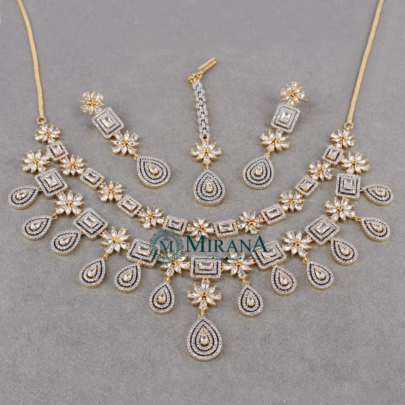 CZ Double Layered Drop Necklace Set