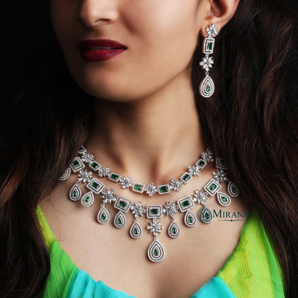Double Layered Drop Colored Necklace Set