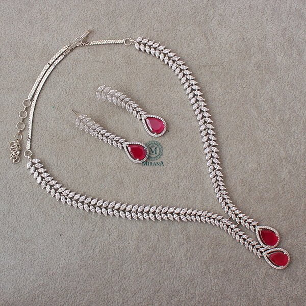 Kate V Line Ruby CZ Designer Necklace Set