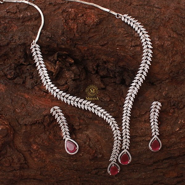 Kate V Line Ruby CZ Designer Necklace Set