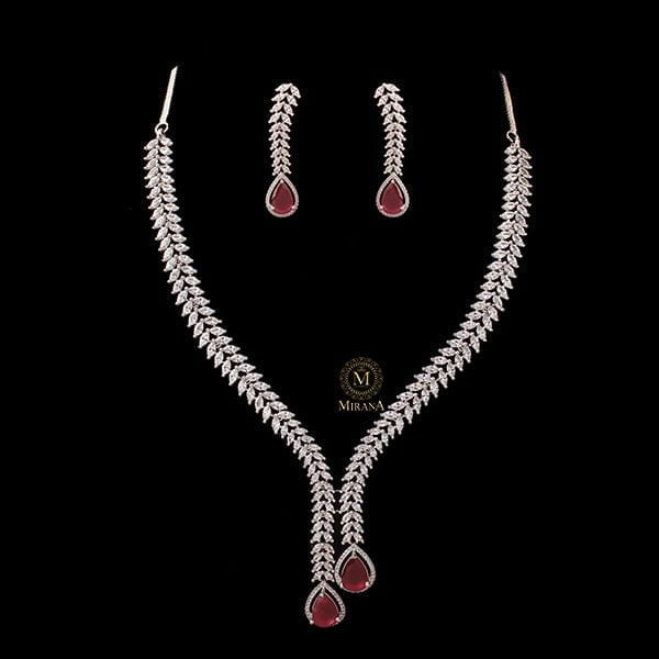 Kate V Line Ruby CZ Designer Necklace Set