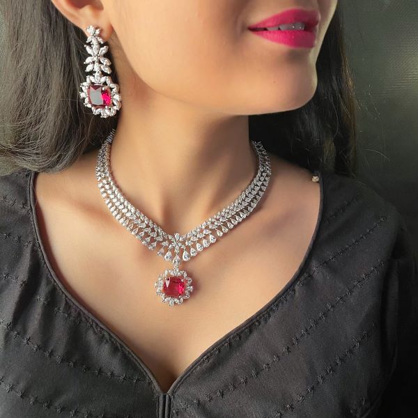 Clora Ruby CZ Designer Necklace Set