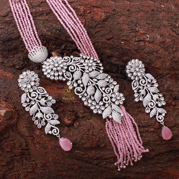 Layla Pastel Pink CZ Long Necklace Set
