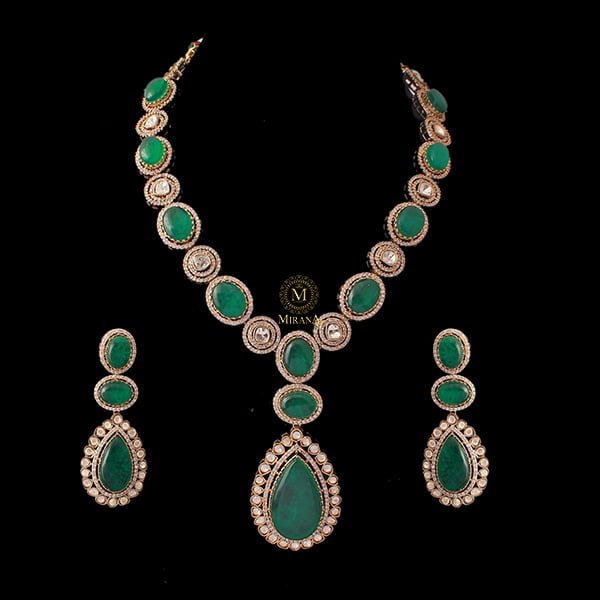 Tejasvi Emerald Green Polki Long Necklace Set