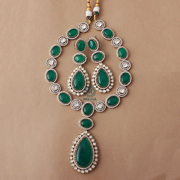 Tejasvi Emerald Green Polki Long Necklace Set