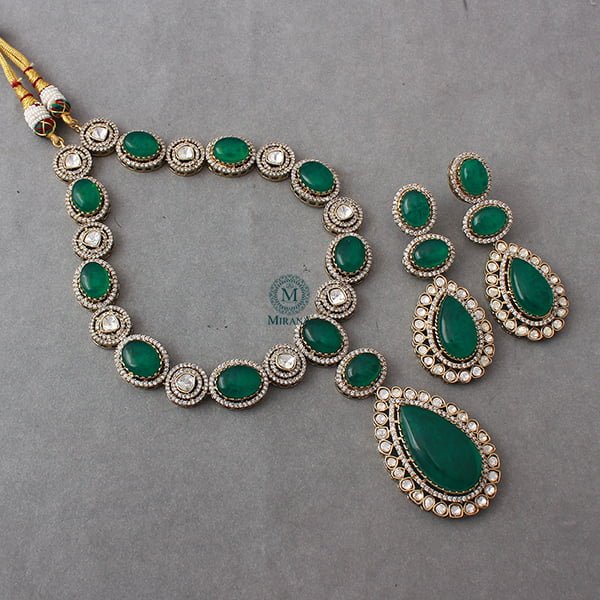 Tejasvi Emerald Green Polki Long Necklace Set