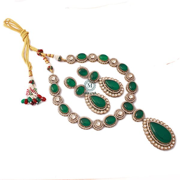 Tejasvi Emerald Green Polki Long Necklace Set