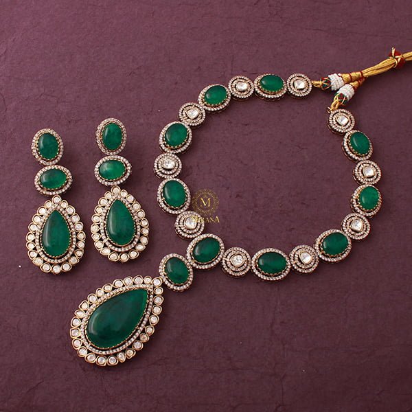 Tejasvi Emerald Green Polki Long Necklace Set