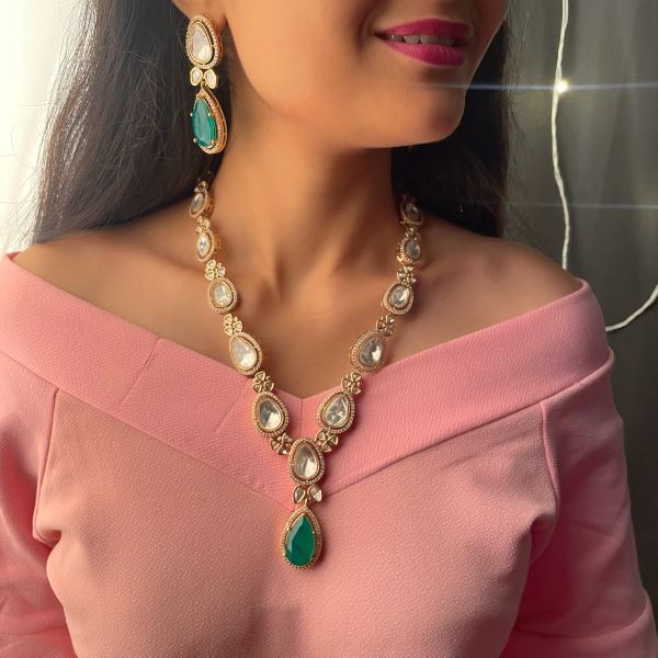 Santiri Emerald Green Polki Long Necklace Set