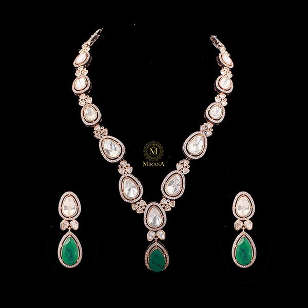 Santiri Emerald Green Polki Long Necklace Set