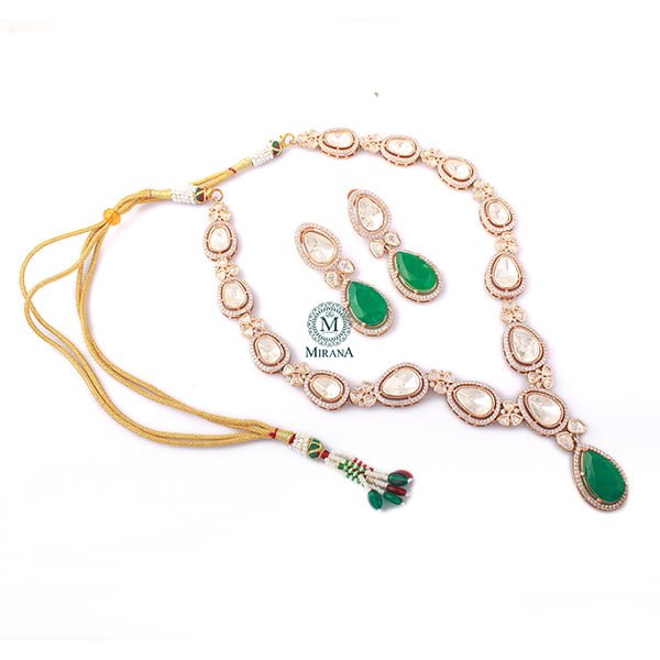 Santiri Emerald Green Polki Long Necklace Set